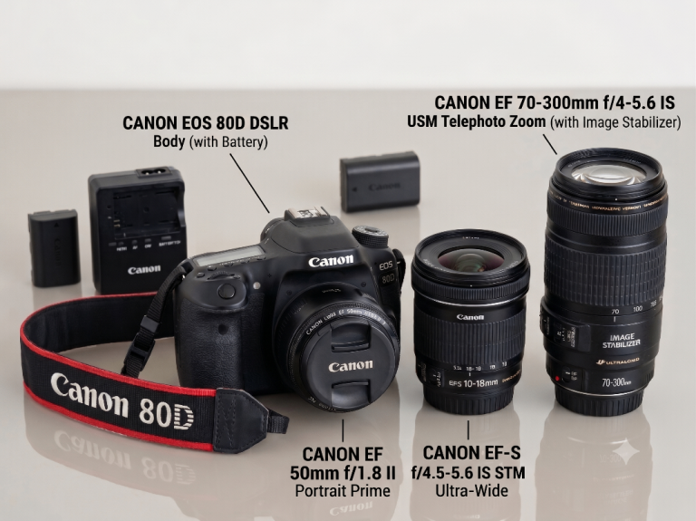 Complete Canon EOS 80D DSLR Kit – Body + 3 Lenses (10-18mm, 50mm f/1.8, 70-300mm IS)