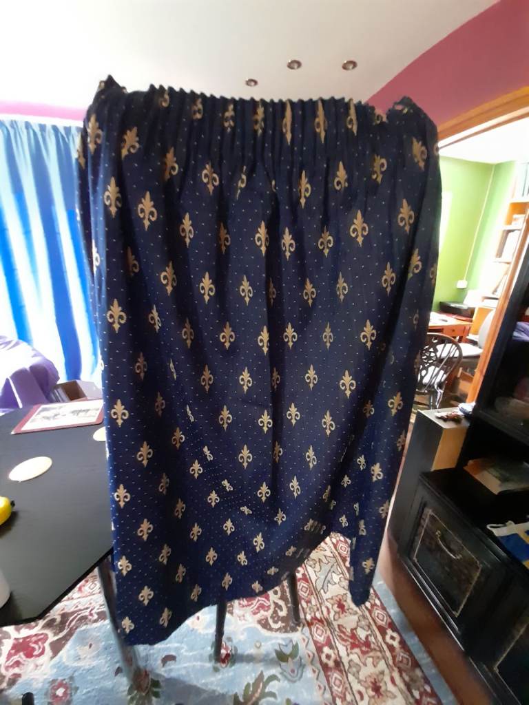 Pair of Fleur de Lis blue pattern heavy curtains 