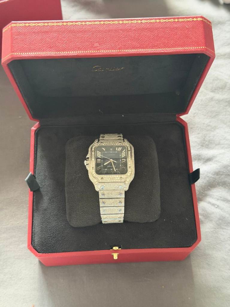 Cartier santos 2023 large model blue dial full custom bussdown vs natural diamonds box and card