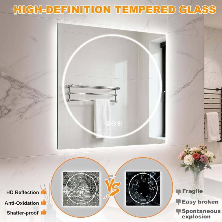 LUVODI Bathroom Mirror with LED Lights: 700x700mm Anti-fog, 3 Colour Lighting (RRP £120)