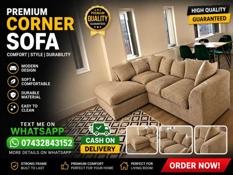 New Cord Corner & 3+2 Seater Sofas – Top Quality, Fast Next-Day Delivery