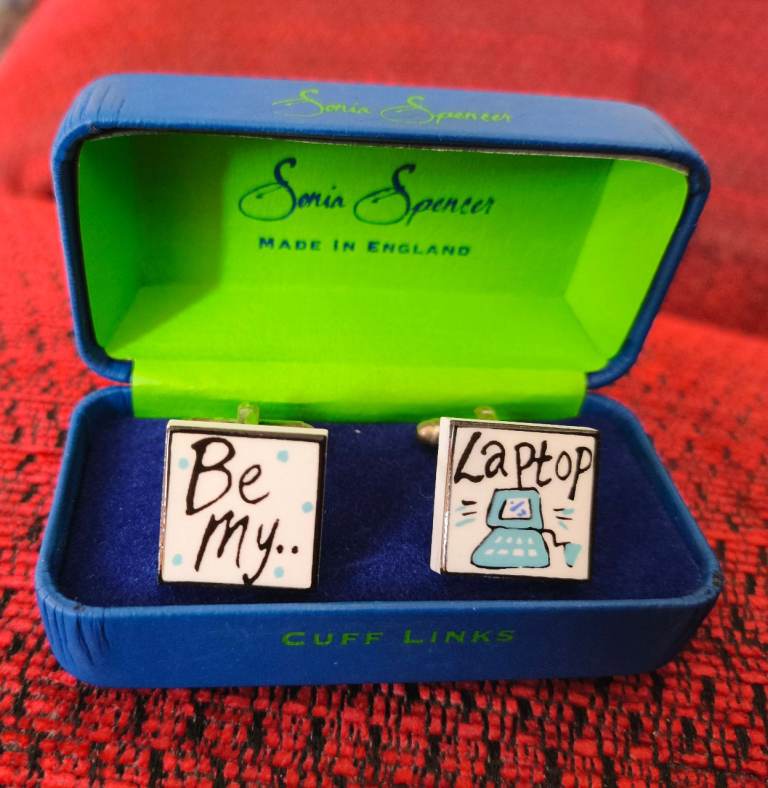 2 pairs Computer-themed cufflinks: www + com and Laptop multicolour. Never worn