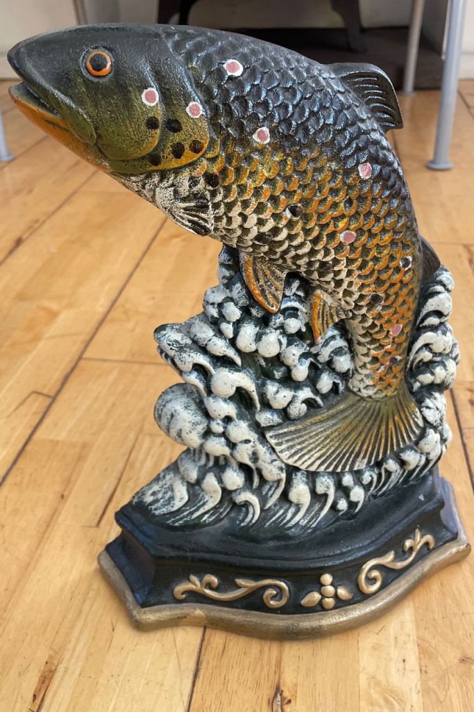 Vintage Cast Iron Doorstop – Hand-Painted Leaping Carp