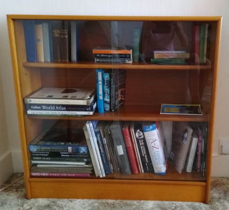 Three Shelf Teak Bookcase with Glass Sliding Doors