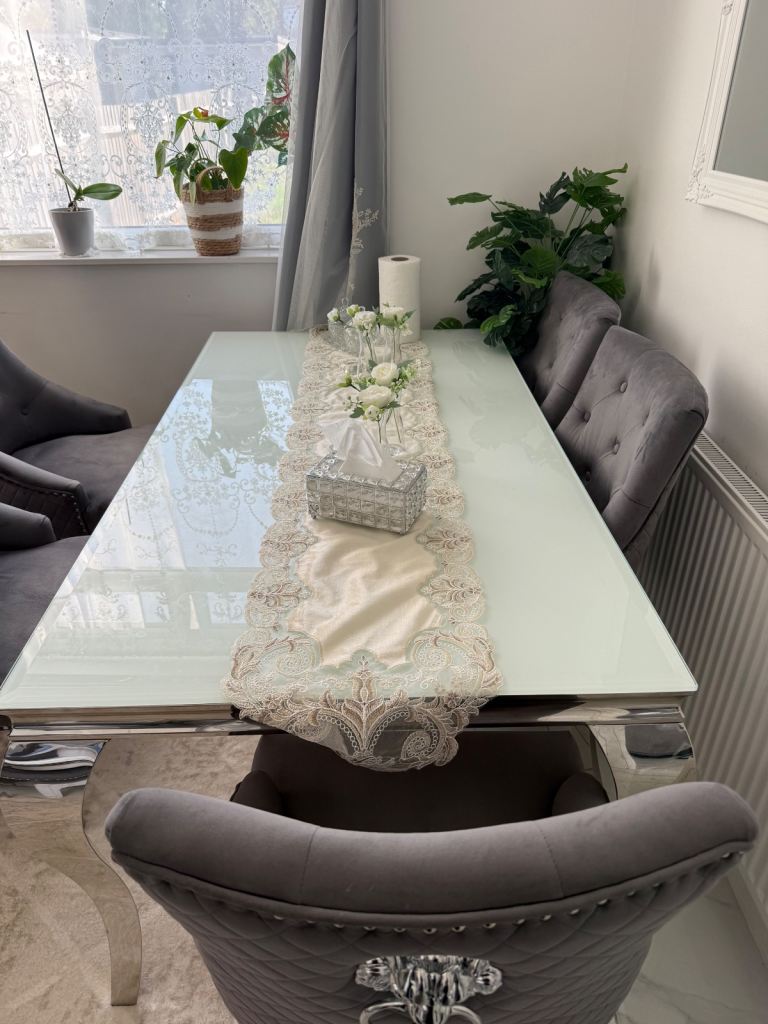 Louis Marble Dining Table + Majestic Lion Knocker Chairs x6