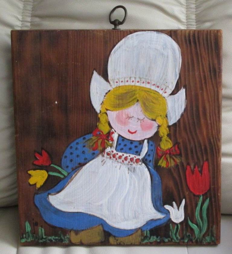 Oil Painting Dutch Girl in traditional costume tulips on block wood, 12 x 11  hanging attachment.