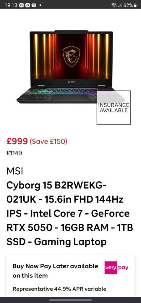 Gaming laptop msi cyborg 15 