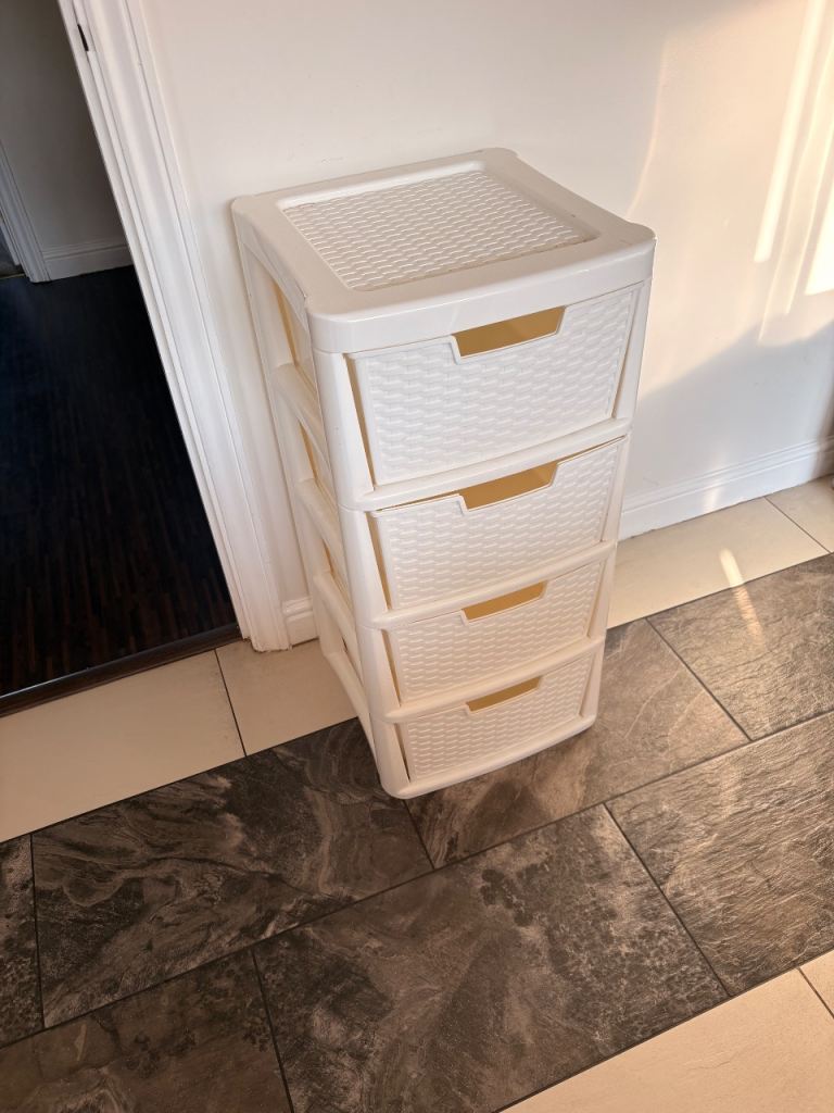 White Plastic Storage Drawers – 4 Tier, Good Condition