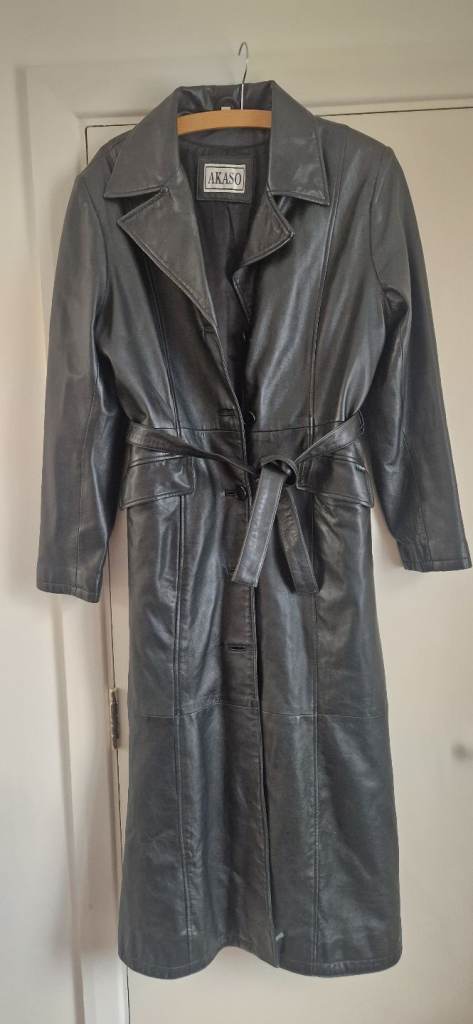 VALENCIA Black Leather Trench Coat – Good Condition