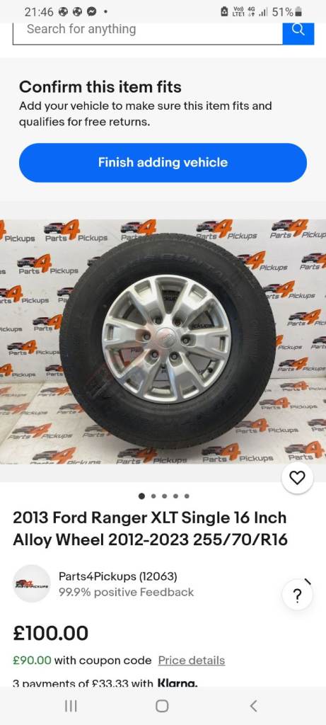 2013-23 FORD RANGER ALLOYS XLT 255/70/16 