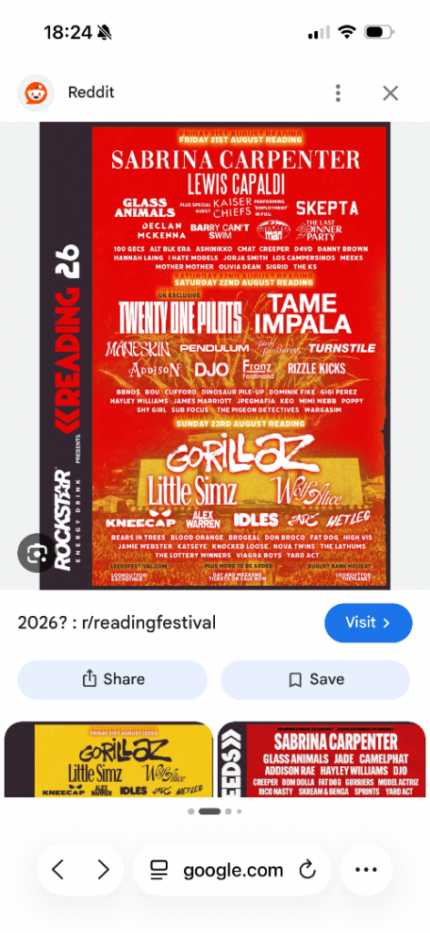 Reading Festival 2026 Lineup Poster - Sabrina Carpenter, Gorillaz, Tame Impala