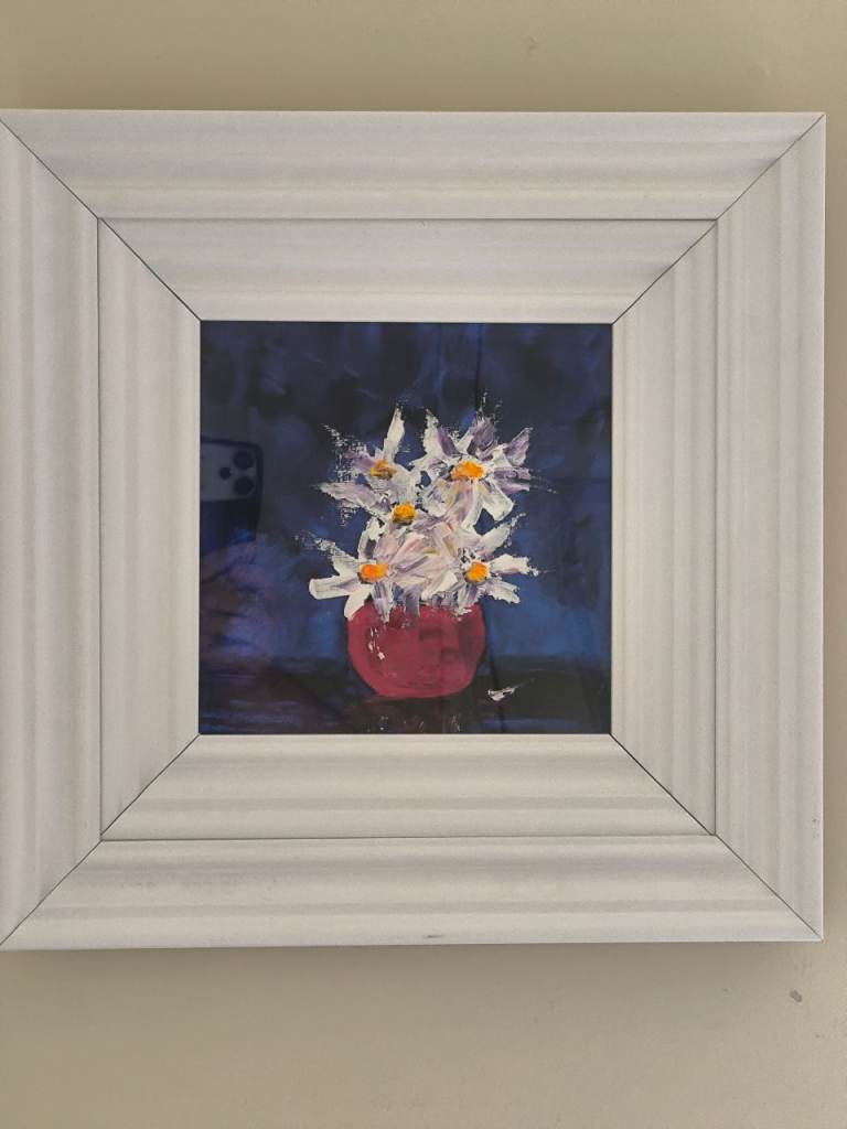 Framed Floral Painting – White Frame, Good Condition