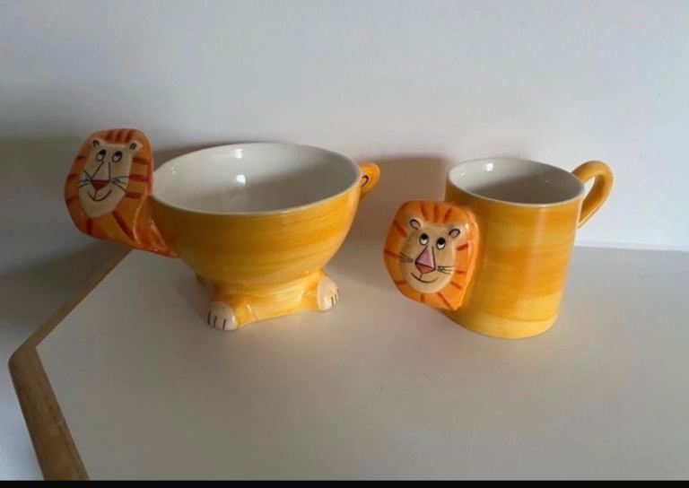 Vintage hand-painted ceramic cup and bowl breakfast set