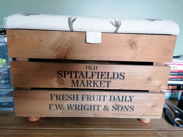 Wooden Crate Storage Box/footstool - Stag Material On The Lid 