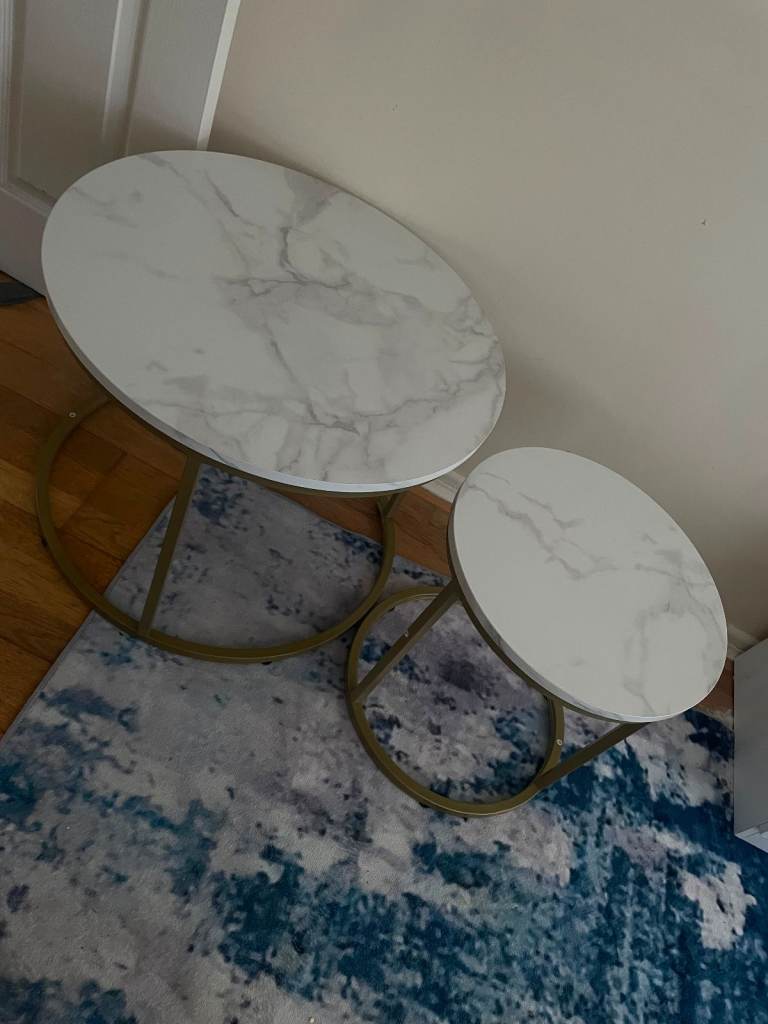 Set of Two White Marble Effect Round Coffee Tables