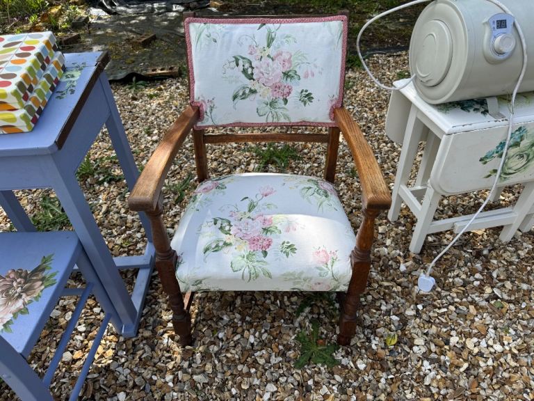 Vintage Wooden Armchair with Floral Fabric – Fair Condition