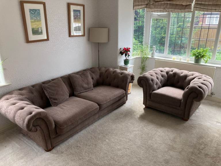 Two-piece Sofology Stamford suite, chesterfield sofa/couch and armchair, chocolate brown fabric