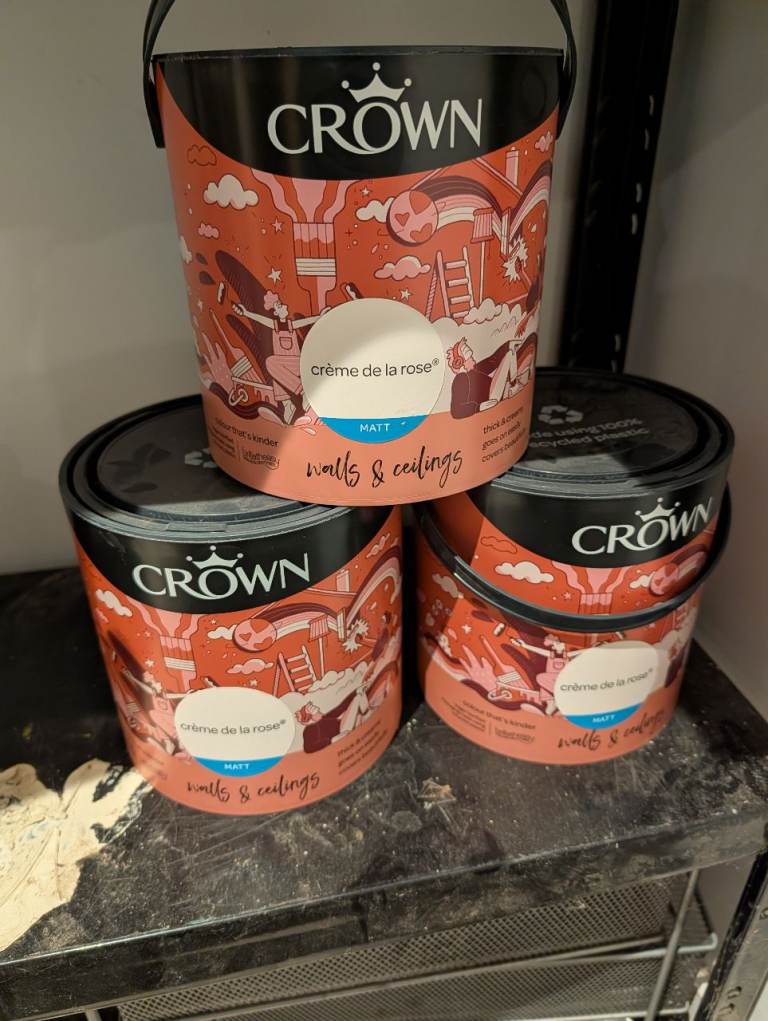 Three tins of Crown Creme de la Rose Matt paint