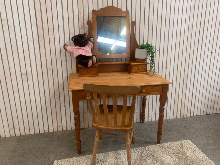 Vintage Dressing Table and Mirror with Matching Chair and 2 Drawers. Solid Pine.