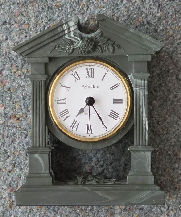 Two Aynsley Portlandware Mantel Clocks – Grey/Green Marble Effect – Grape Design