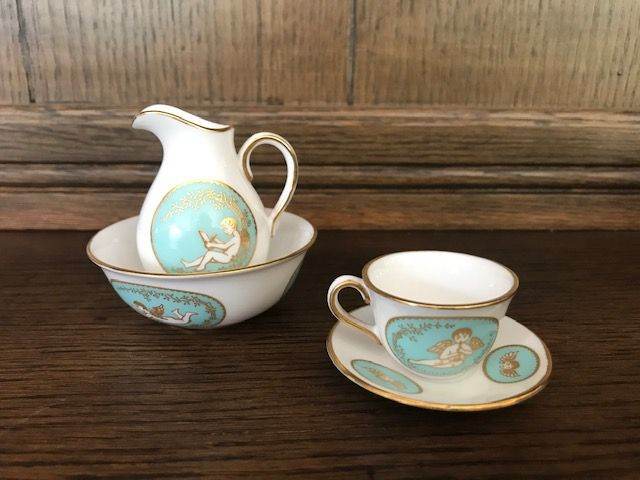 Spode Miniature Porcelain Cup & Saucer And Water Jug & Bowl – Angel Cherub Design