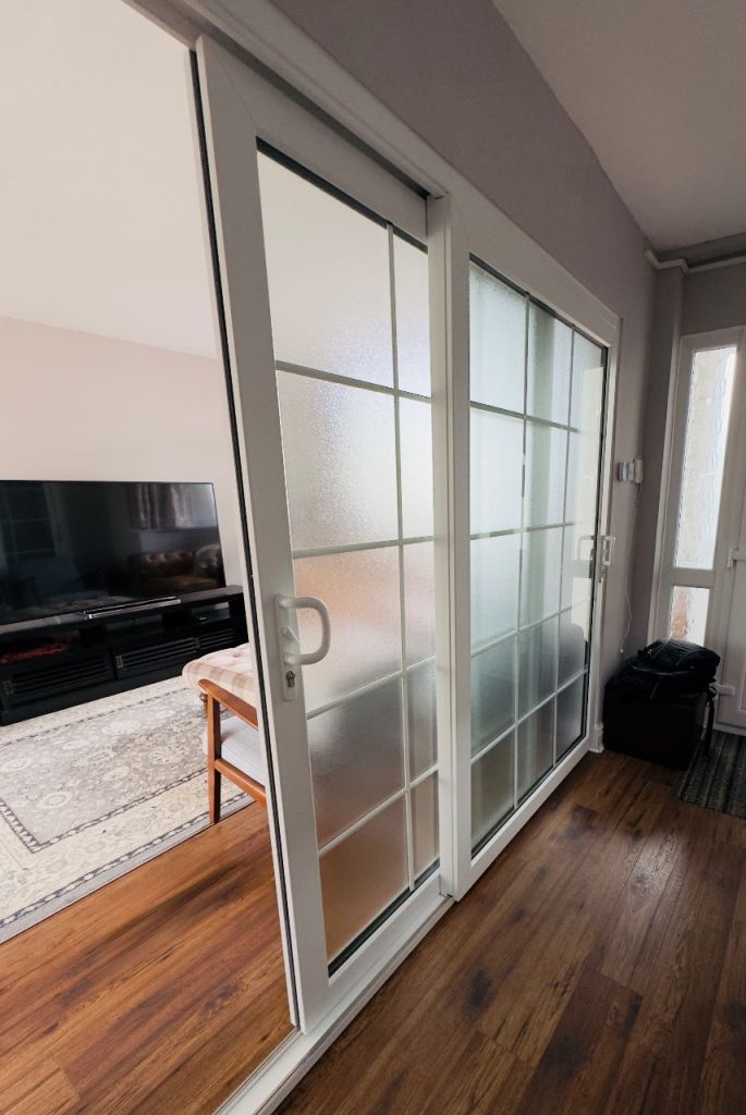 White UPVC Sliding Patio Doors with Frosted Glass