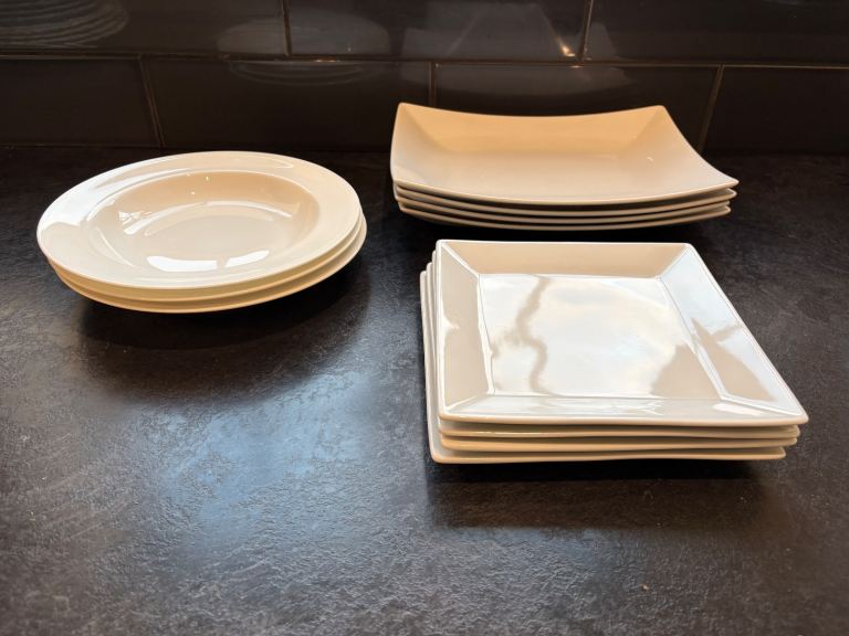 White Dinner Crockery - Square Plates & Soup Bowls
