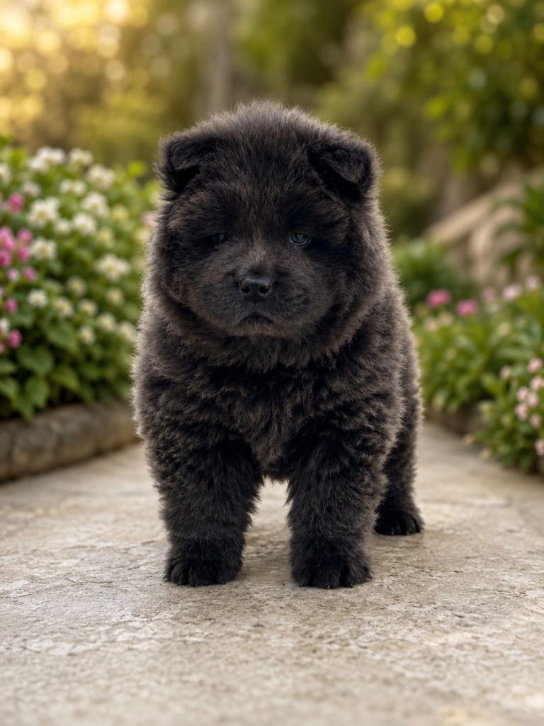 Blue carrying chocolate female chow chow pup