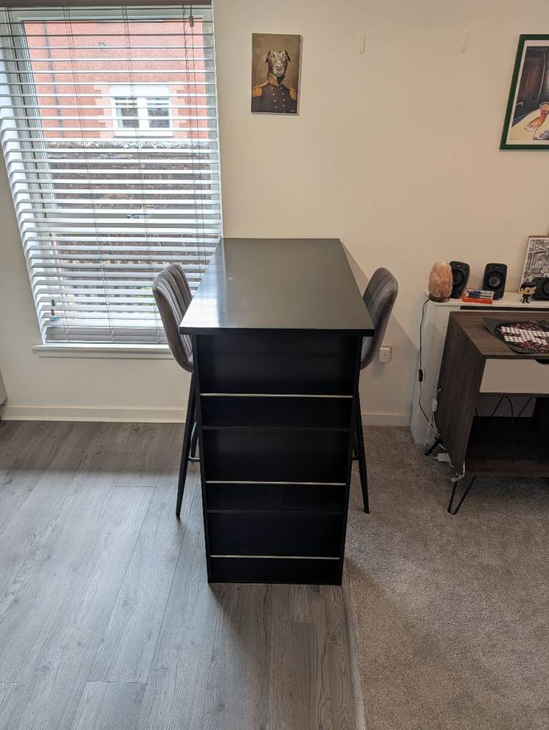 Modern Black Breakfast Bar Table with 2 Grey Velvet Bar Stools, Storage Shelves & Sensor Light