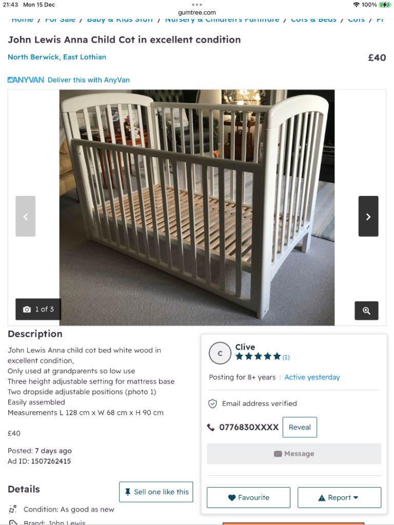 John Lewis Anna Cot in excellent condition