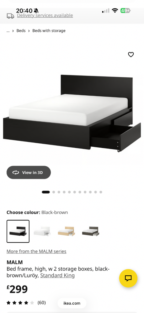 MALM Bed frame, high, w 4 storage boxes, black-brown/Luröy, Standard King