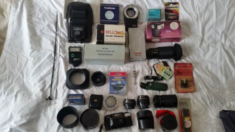 Job Lot of vintage Camera's ,flash ,Lenses, filters & Accessories. nikon F-301, mamiya nc1000s