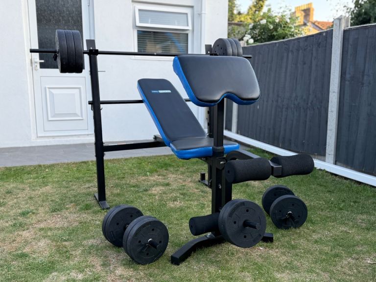 Gym Bench with 50kg weights, bar, dumbbells, preacher curl, leg extensions