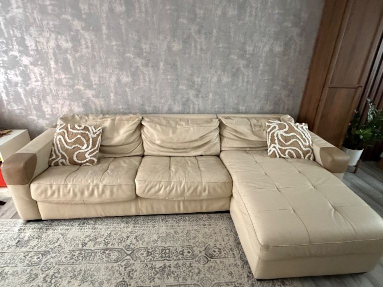 Leather corner sofa bed with storage – beige