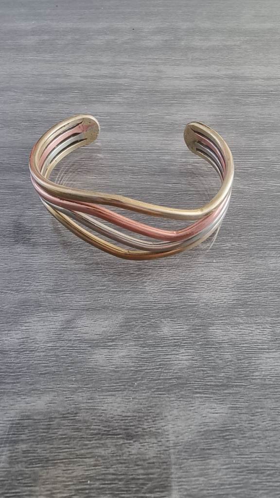 Copper,Brass,Silver Tone Layered Wave Design Cuff Bracelet