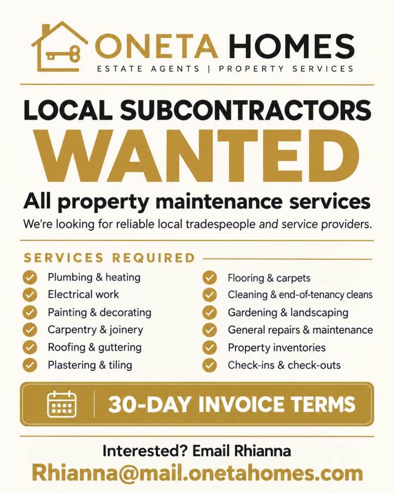 LOCAL TRADESPEOPLE & SUBCONTRACTORS WANTED – ONETA HOMES