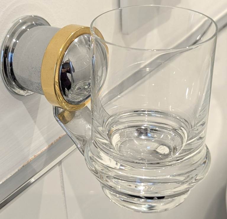 KEUCO APOLLO GLASS TUMBLER CHROME HOLDER GOLD TRIM 5.8cm W x 11cm D x 9.5cm H