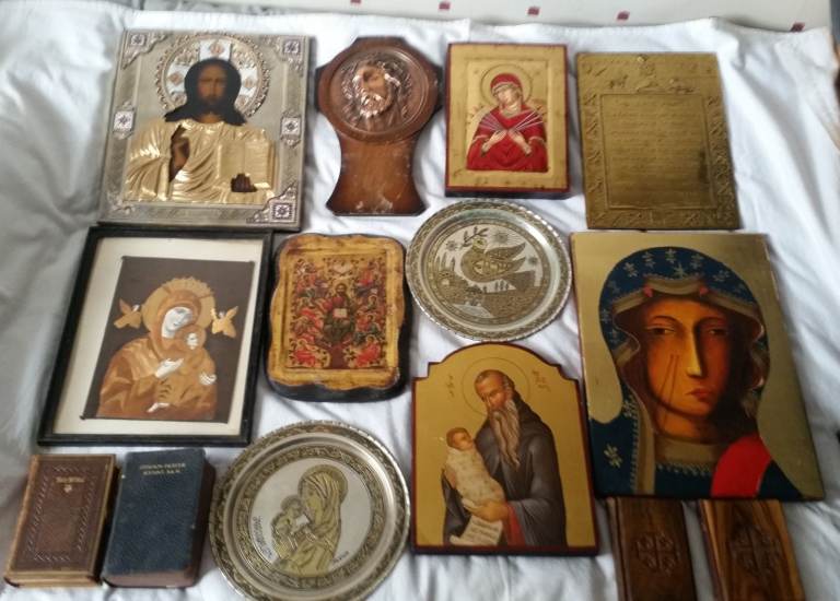 Job Lot Vintage Christian icon Brass Wood Cross Crucifix Jesus Religious Pictures etc