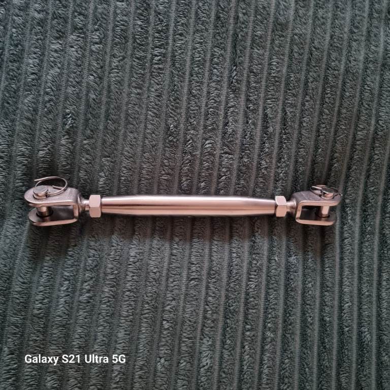 Stainless steel turnbuckle for yacht rigging.