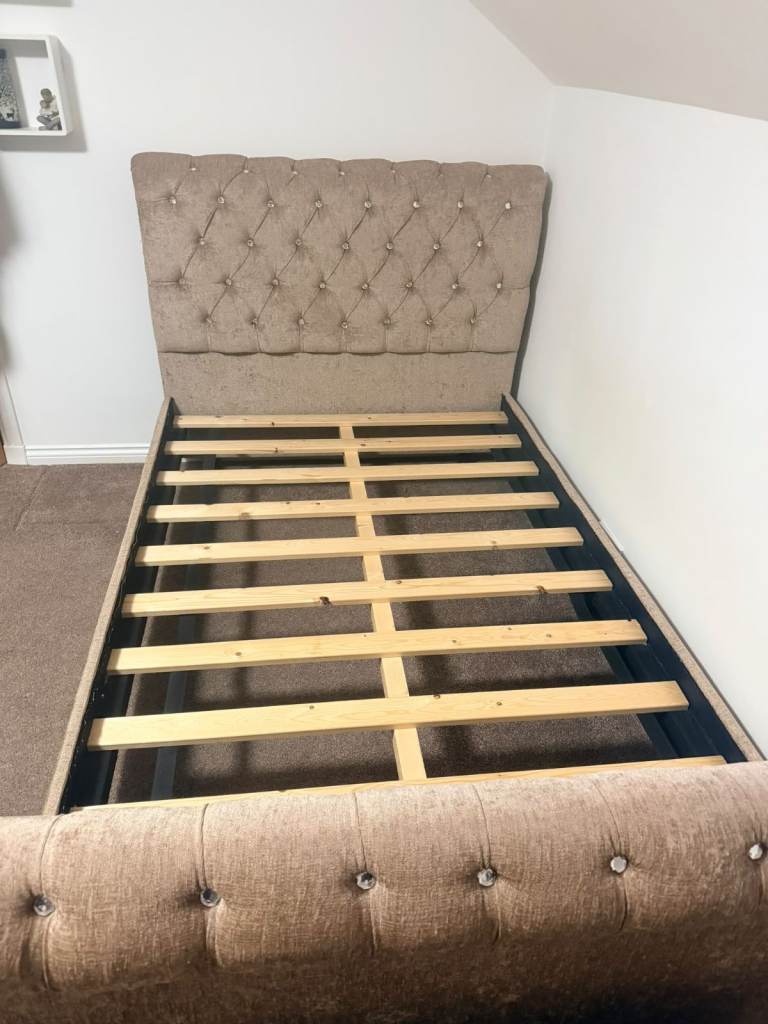 Small Double Bed Frame with  Headboard and Footboard, including matching ottoman. Beige Fabric