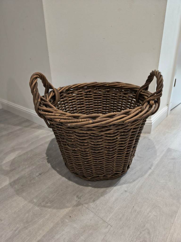 Vintage Antique Round Wicker Fishing Basket With Handles - Log Basket 