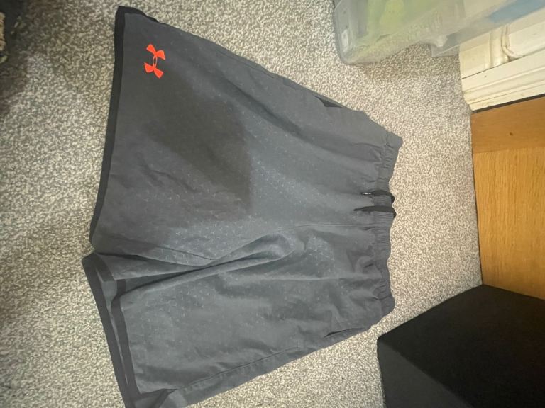 image for Under Armour Men’s Long Loose Fit Shorts (Grey/Orange) Size Large