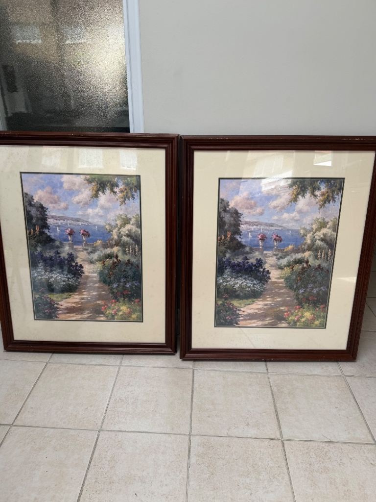 Pair of Large Framed Coastal Garden Prints - 75cm x 90cm - Wood Frame