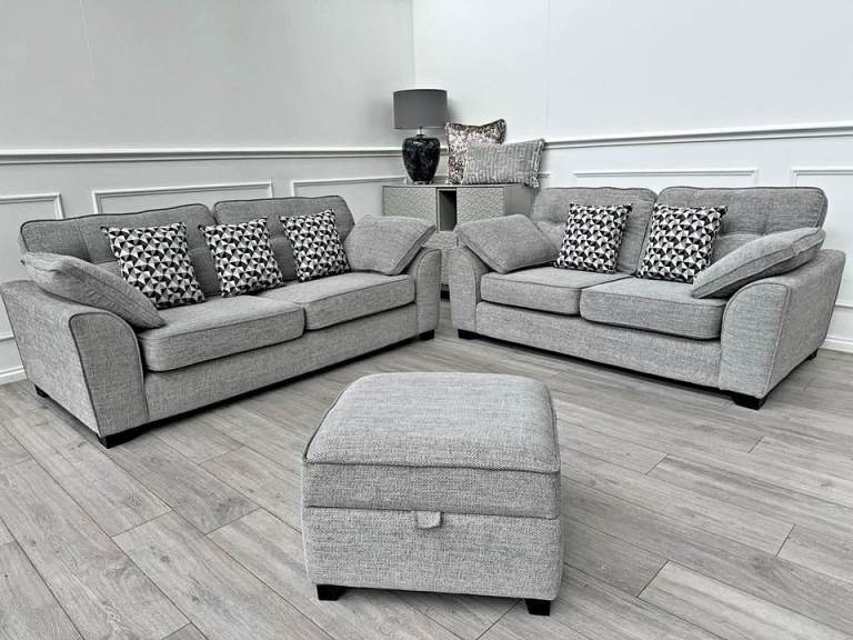 Stylish Grey Fabric 3-Seater Sofa, 2-Seater, and Storage Footstool Set