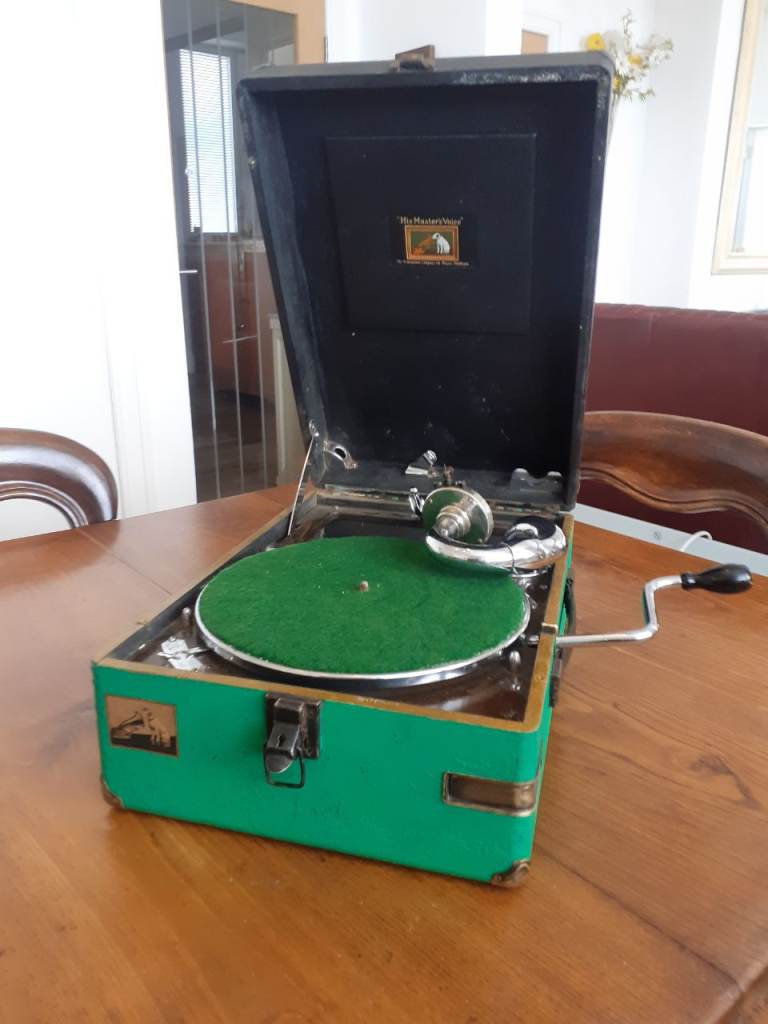 Vintage His Master's Voice Gramophone Record Player – Green, Good Condition