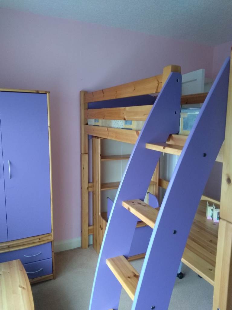 Scallywag Single High Sleeper Wooden Bed with mattress, light brown & purple up to 100 kg