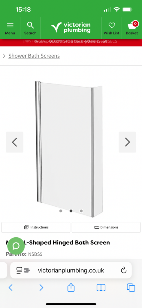 Brand new L-shaped hinged bath screen with towel rail