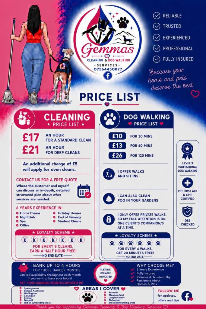 Gemma's cleaning and dog walking services