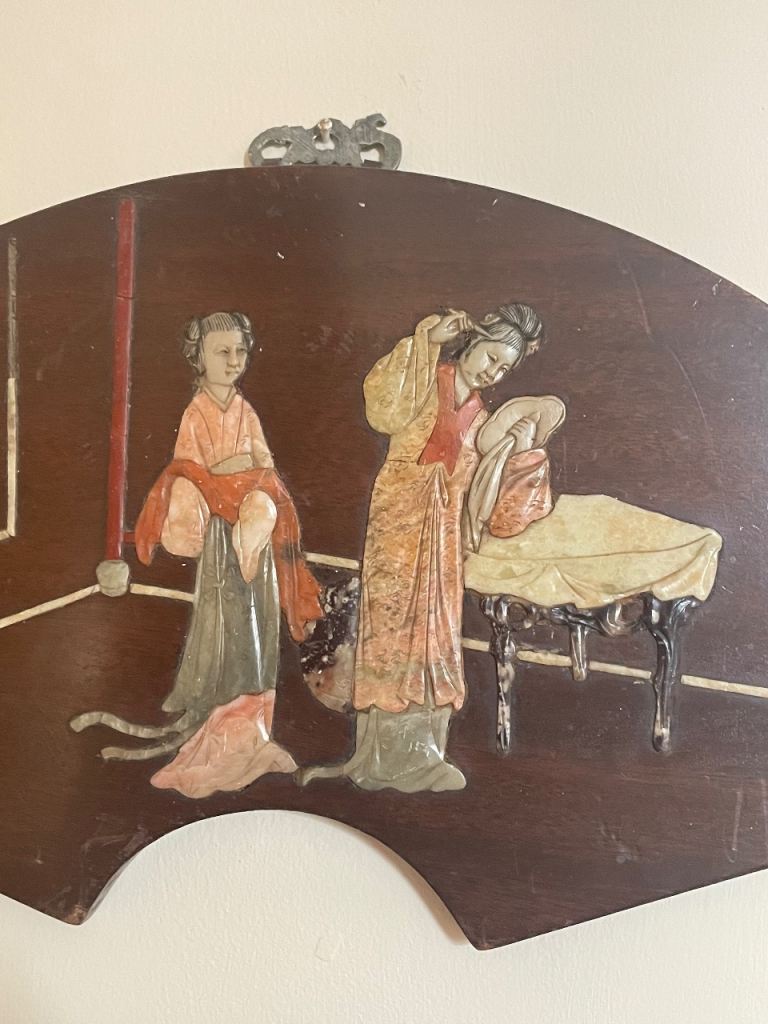 Antique Chinese hard stone fan 