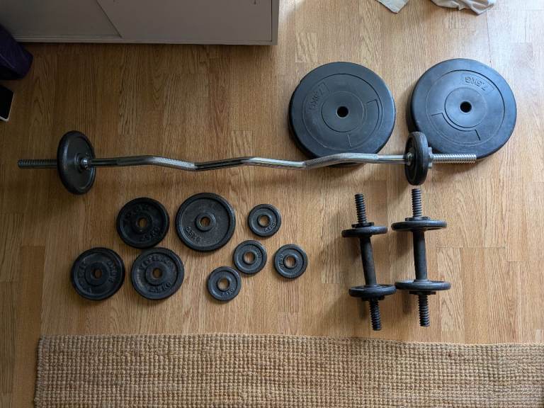Dumbell bars, ez curl bar and weights